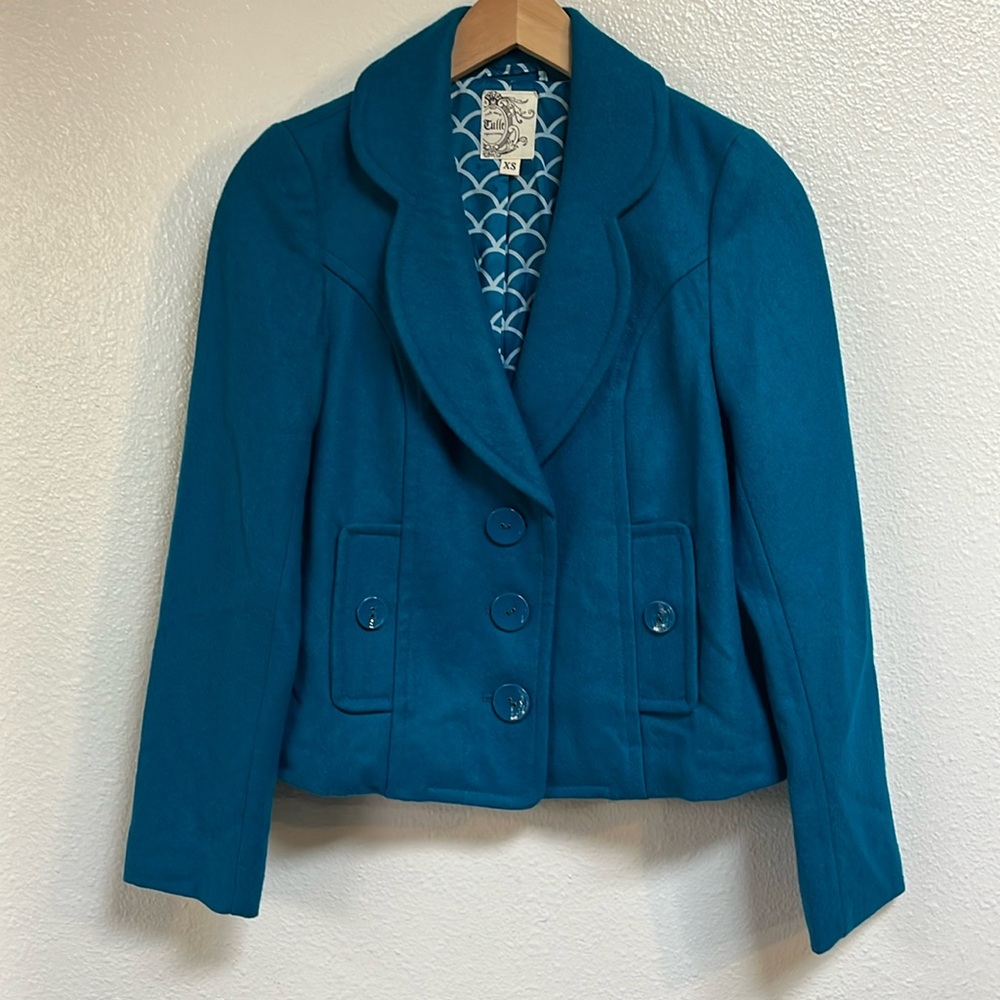 Anthropologie Tulle Wool Blend Teal Cropped Jacket Blazer Cute XS